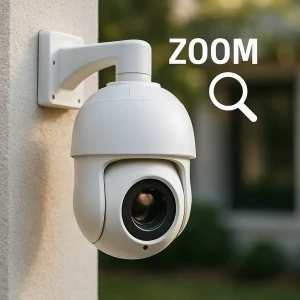 מצלמות אבטחה ZOOM תלויה על קיר מבנה חיצוני ורקע צמחיה