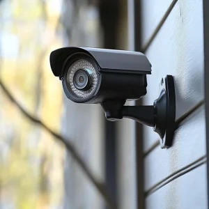 מצלמת אבטחה שחורה על קיר חיצוני של חברת hikvision כחלק מסקירה – מצלמות אבטחה hikvision